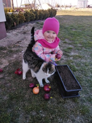 Gabi sadzić roślinkę pomagał kotek